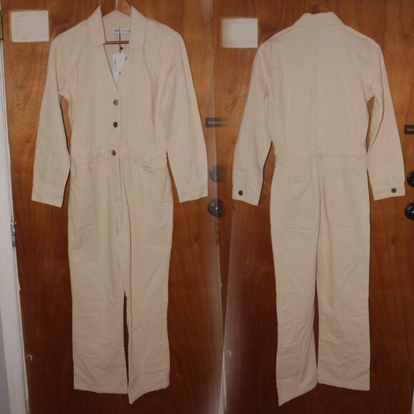 NWT Zara Ecru  Denim Full Length Jumpsuit Size S - Picture 7 of 9
